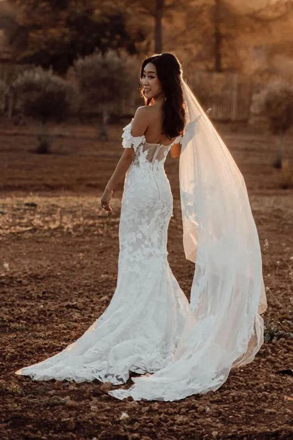 Tulle Mermaid Off Shoulder Rustic Wedding Dresses With Lace Appliques, SW490