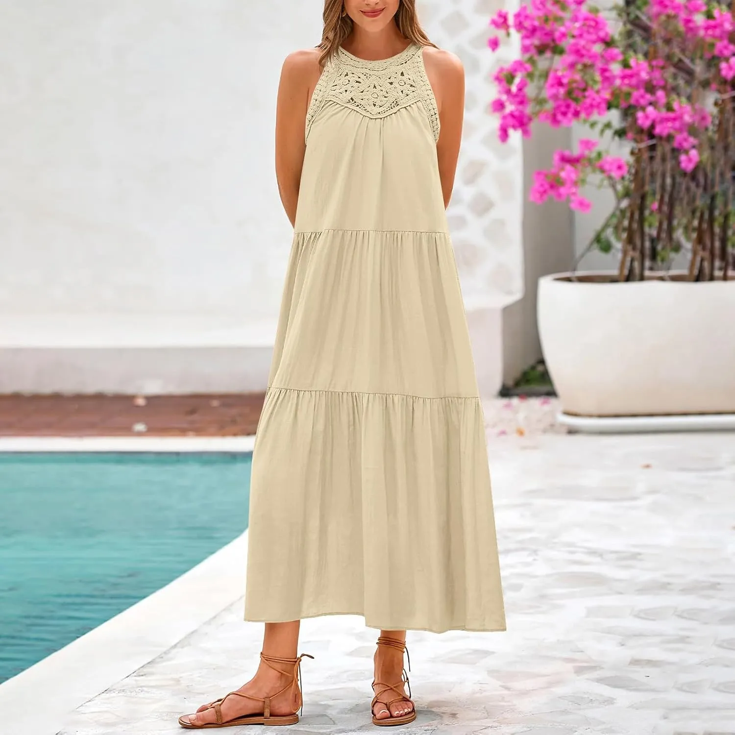 TUNUSKAT Womens Summer Long Vacation Dresses 2025 Crochet Halter Tiered Maxi Sundresses Loose Fit Flowy Boho Beach Sundresses