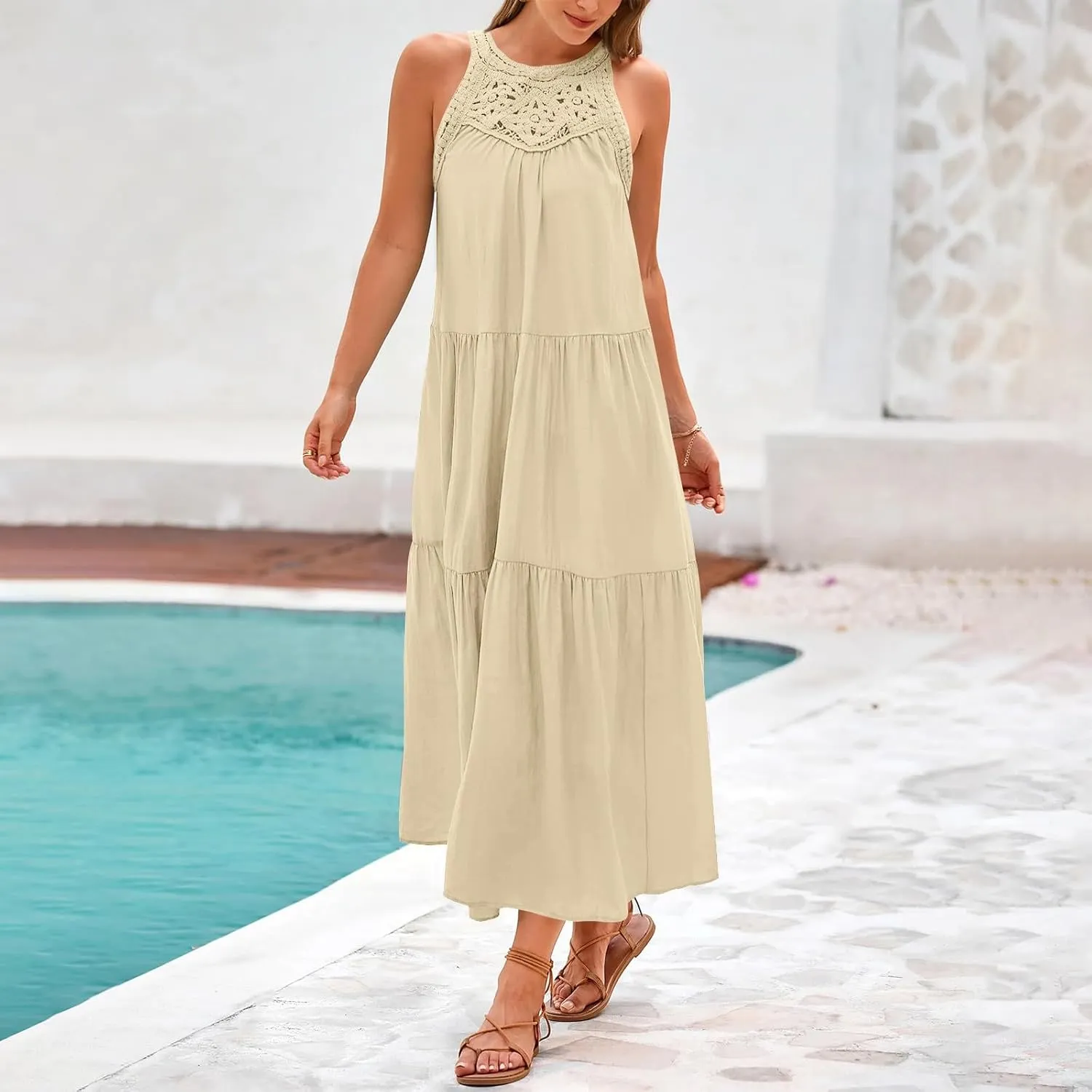 TUNUSKAT Womens Summer Long Vacation Dresses 2025 Crochet Halter Tiered Maxi Sundresses Loose Fit Flowy Boho Beach Sundresses