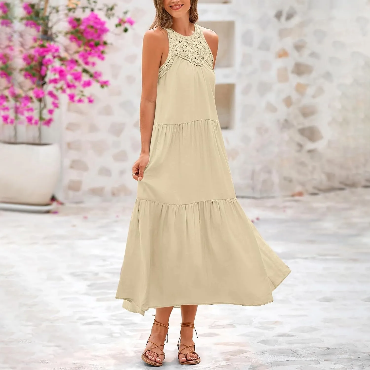 TUNUSKAT Womens Summer Long Vacation Dresses 2025 Crochet Halter Tiered Maxi Sundresses Loose Fit Flowy Boho Beach Sundresses