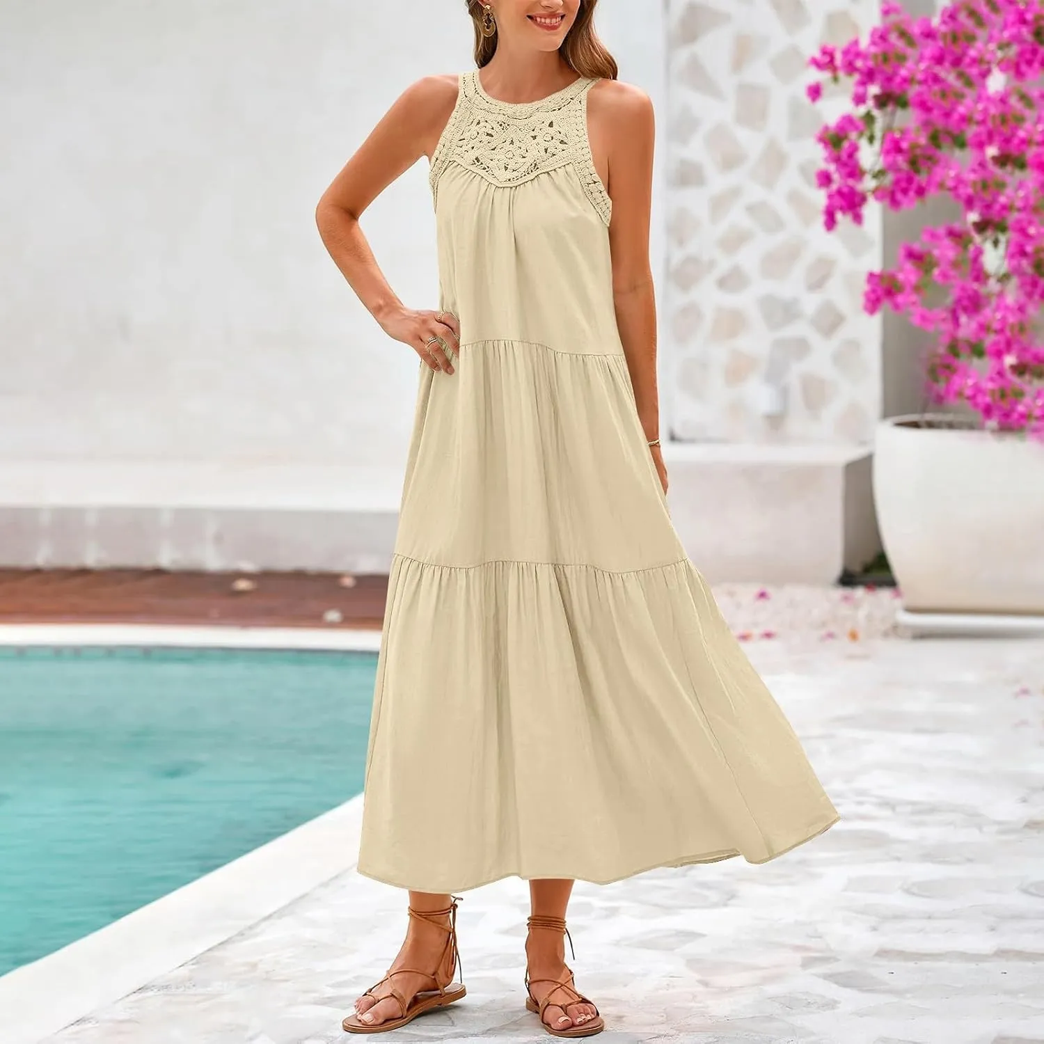 TUNUSKAT Womens Summer Long Vacation Dresses 2025 Crochet Halter Tiered Maxi Sundresses Loose Fit Flowy Boho Beach Sundresses