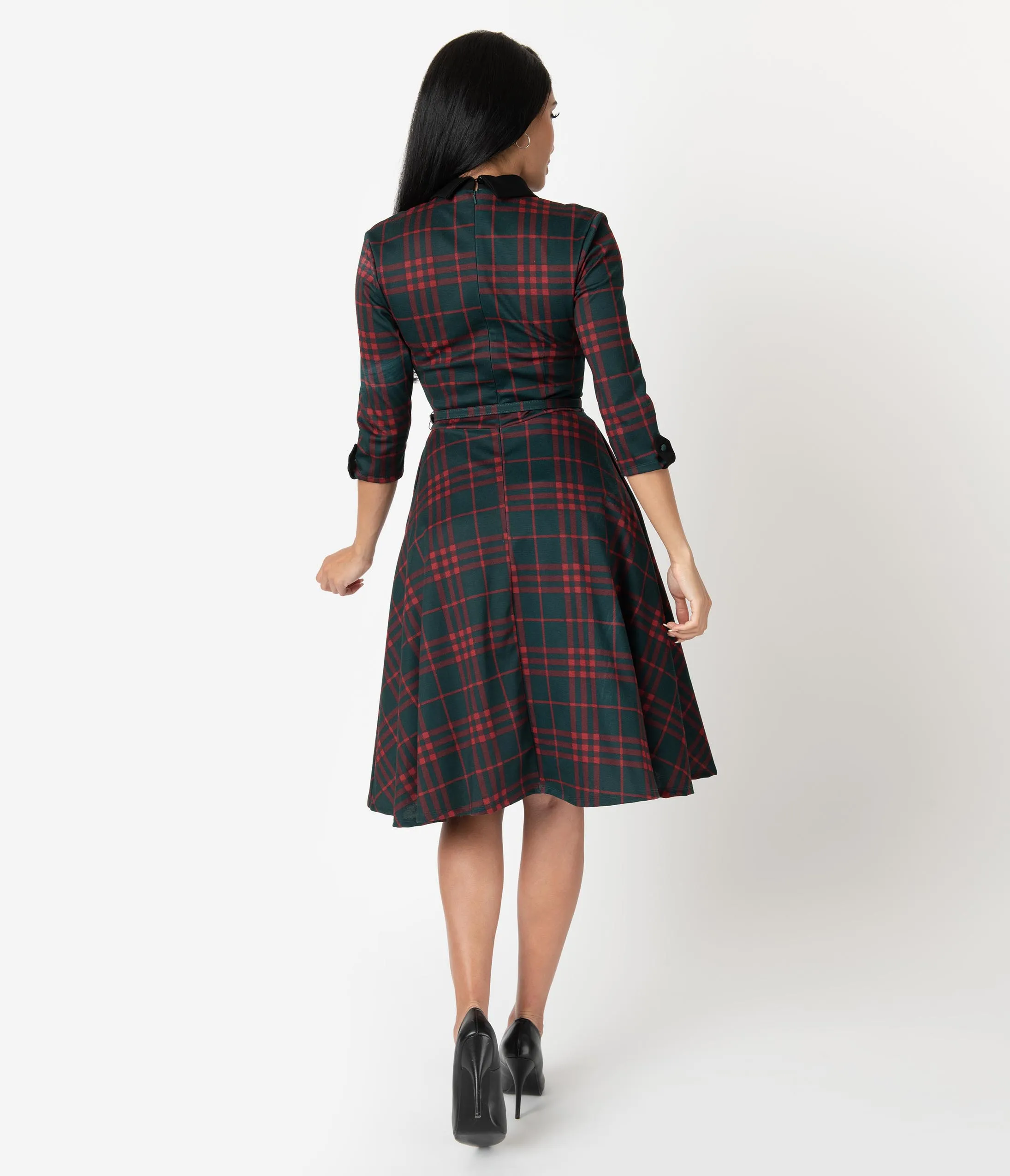 Unique Vintage 1950s Emerald Green & Red Plaid Trudy Swing Dress