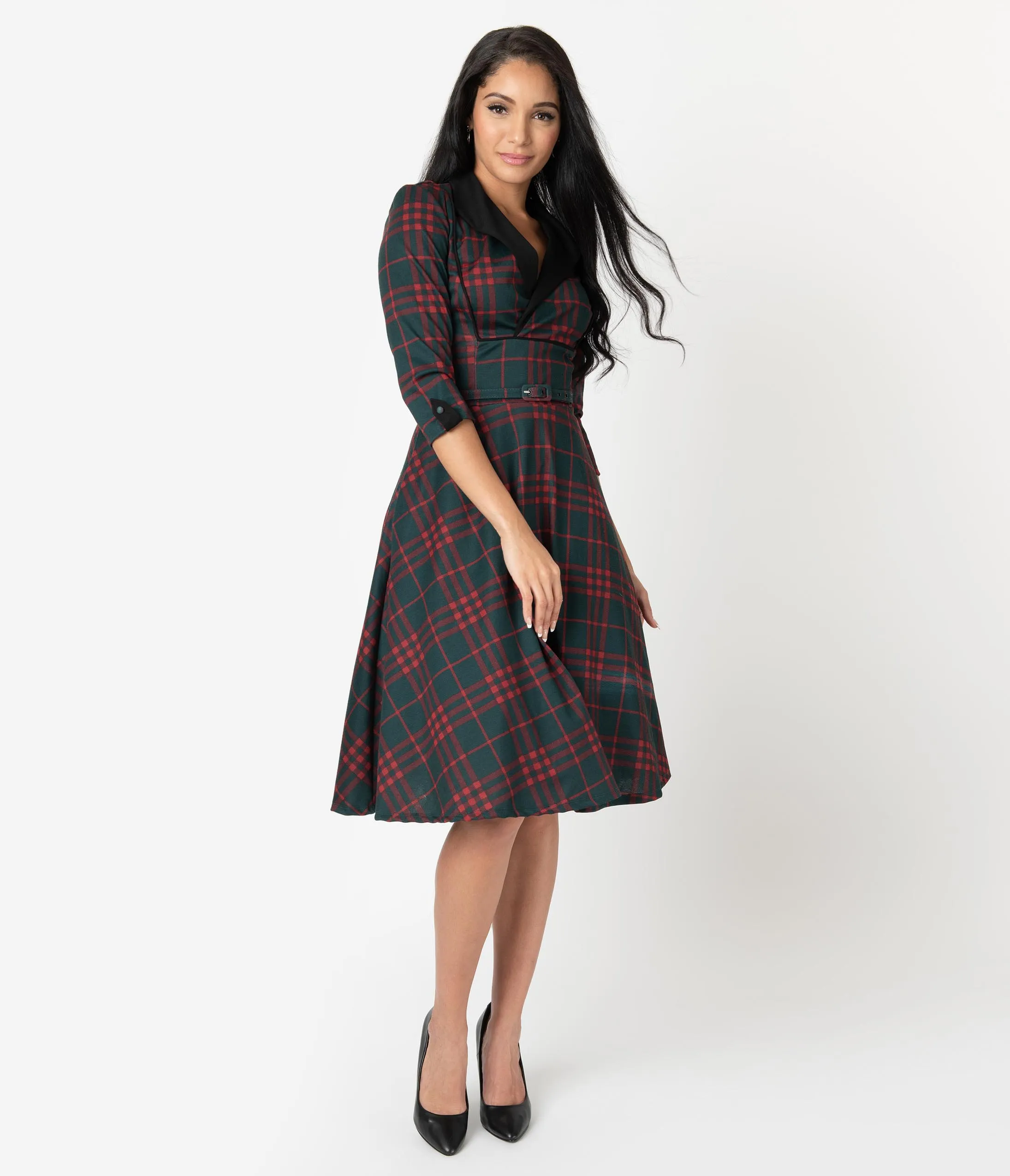 Unique Vintage 1950s Emerald Green & Red Plaid Trudy Swing Dress