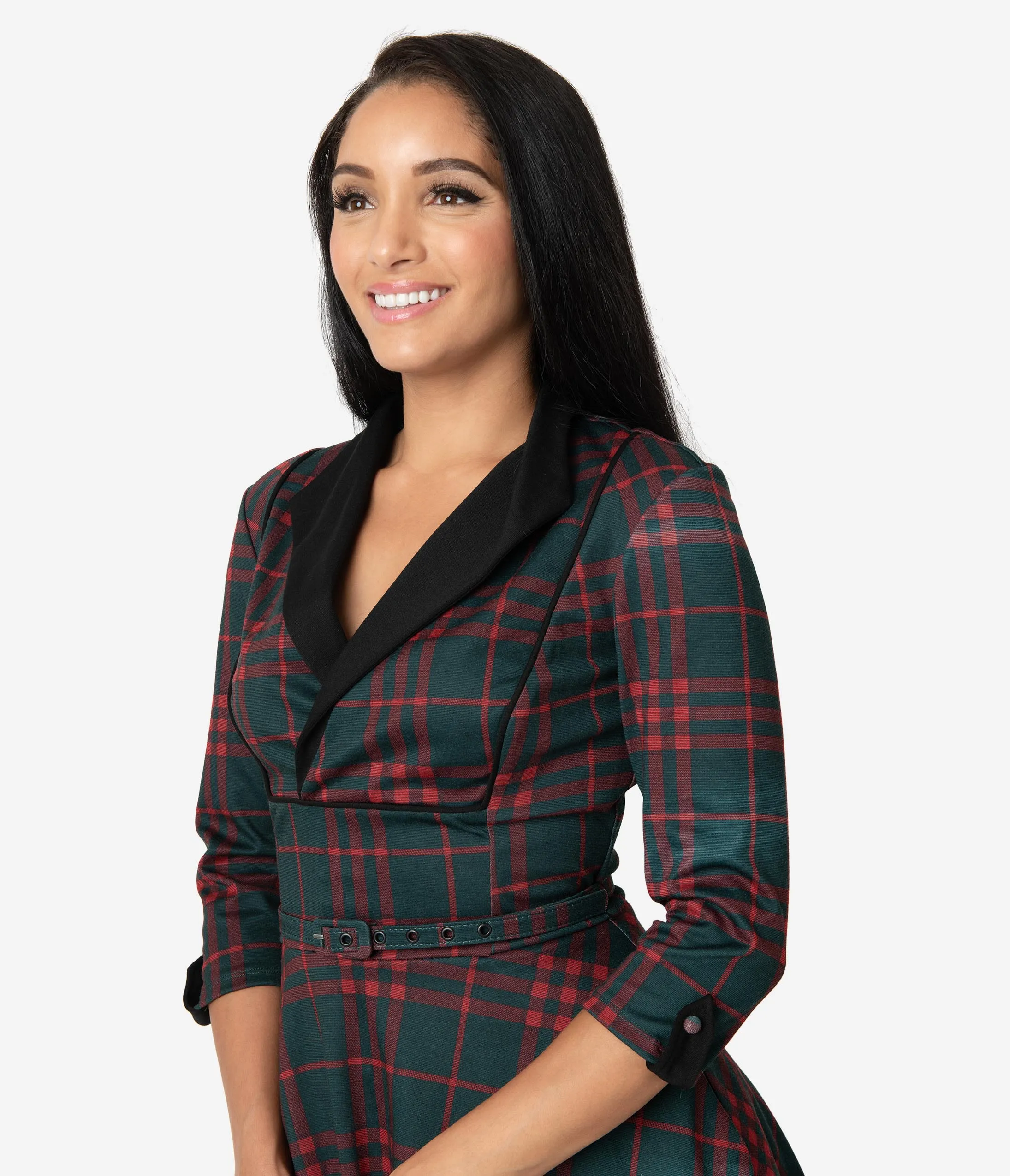 Unique Vintage 1950s Emerald Green & Red Plaid Trudy Swing Dress