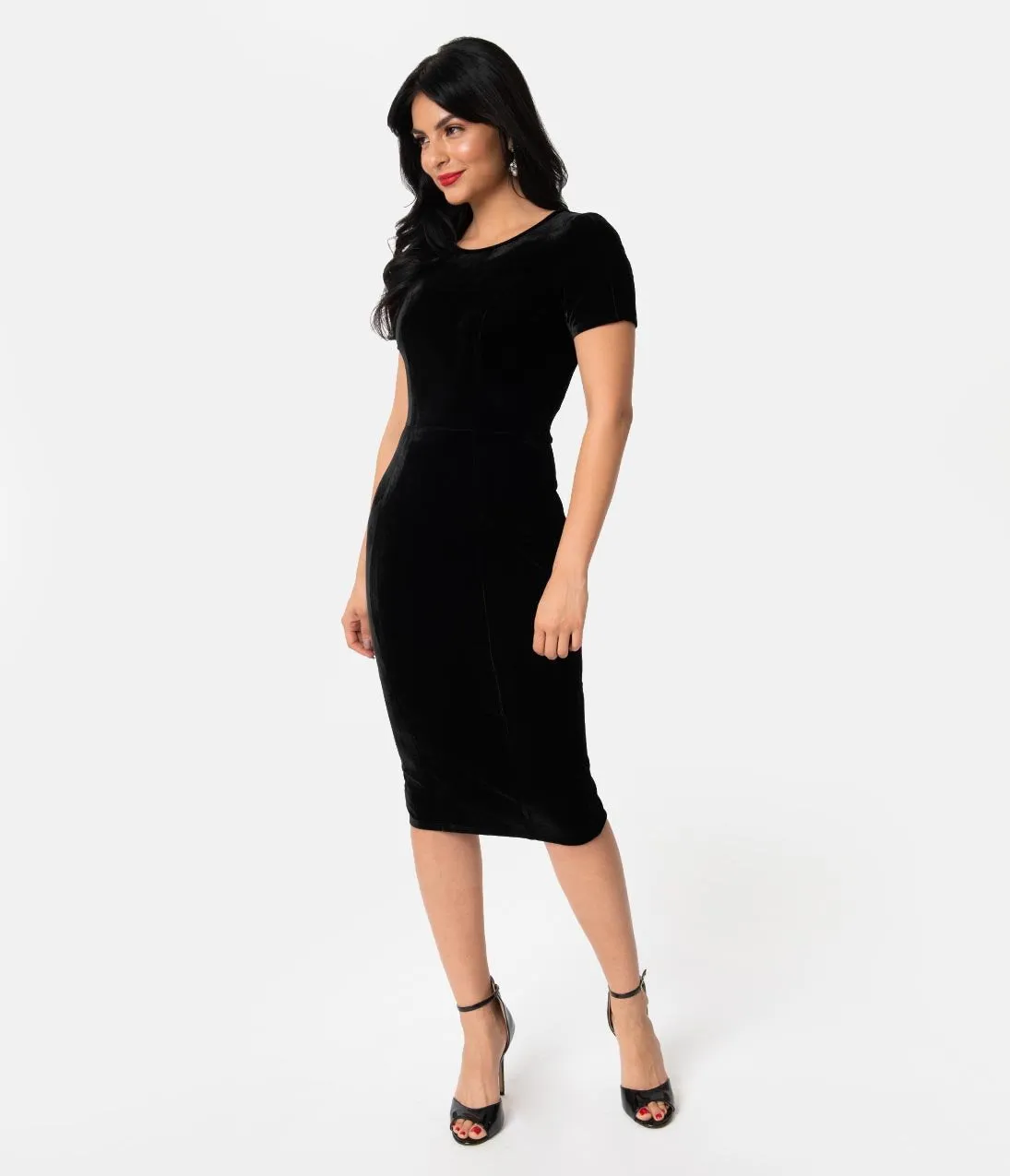 Unique Vintage 1960s Black Velvet Short Sleeve Stretch Mod Wiggle Dress