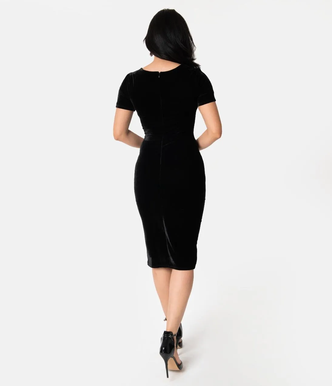 Unique Vintage 1960s Black Velvet Short Sleeve Stretch Mod Wiggle Dress