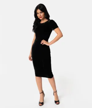 Unique Vintage 1960s Black Velvet Short Sleeve Stretch Mod Wiggle Dress