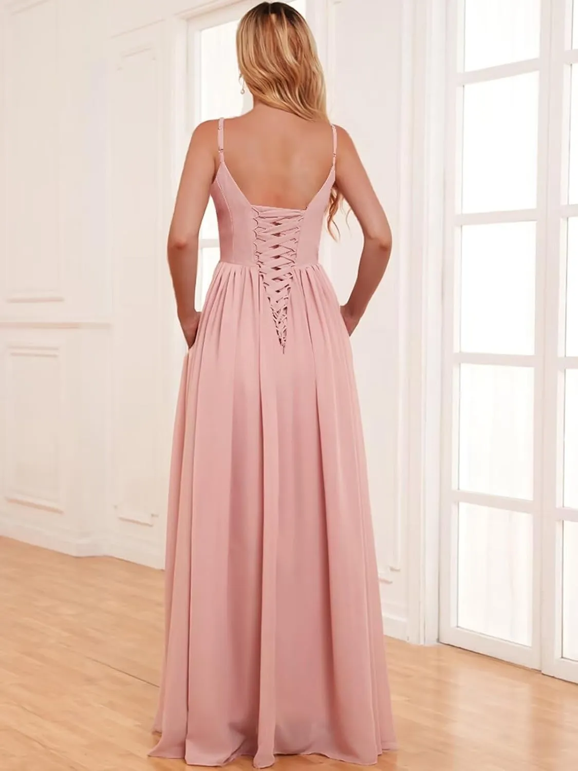 V Neck Bridesmaid Dresses for Women Long with Slit Chiffon Spaghetti Strap Pleated Formal Wedding Gown