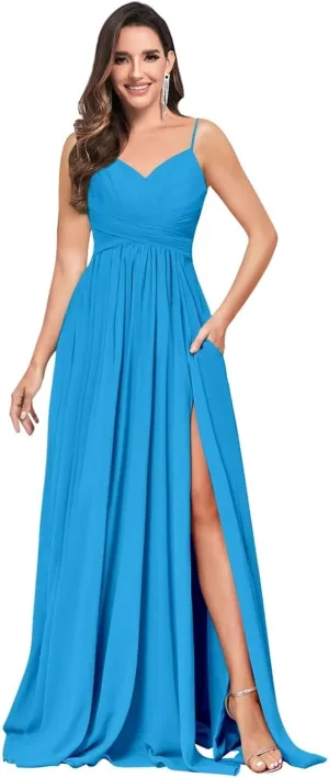V Neck Bridesmaid Dresses for Women Long with Slit Chiffon Spaghetti Strap Pleated Formal Wedding Gown