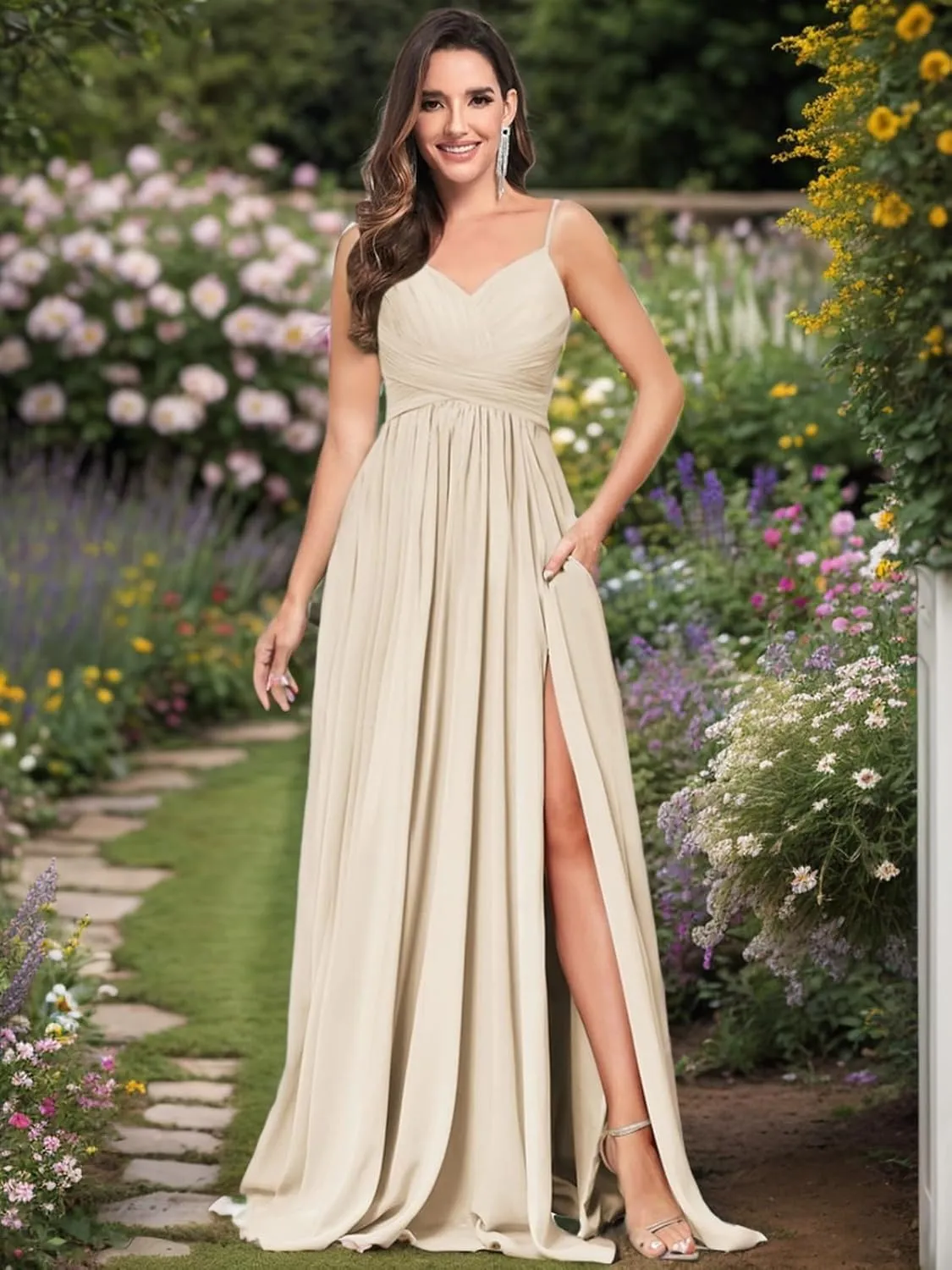 V Neck Bridesmaid Dresses for Women Long with Slit Chiffon Spaghetti Strap Pleated Formal Wedding Gown