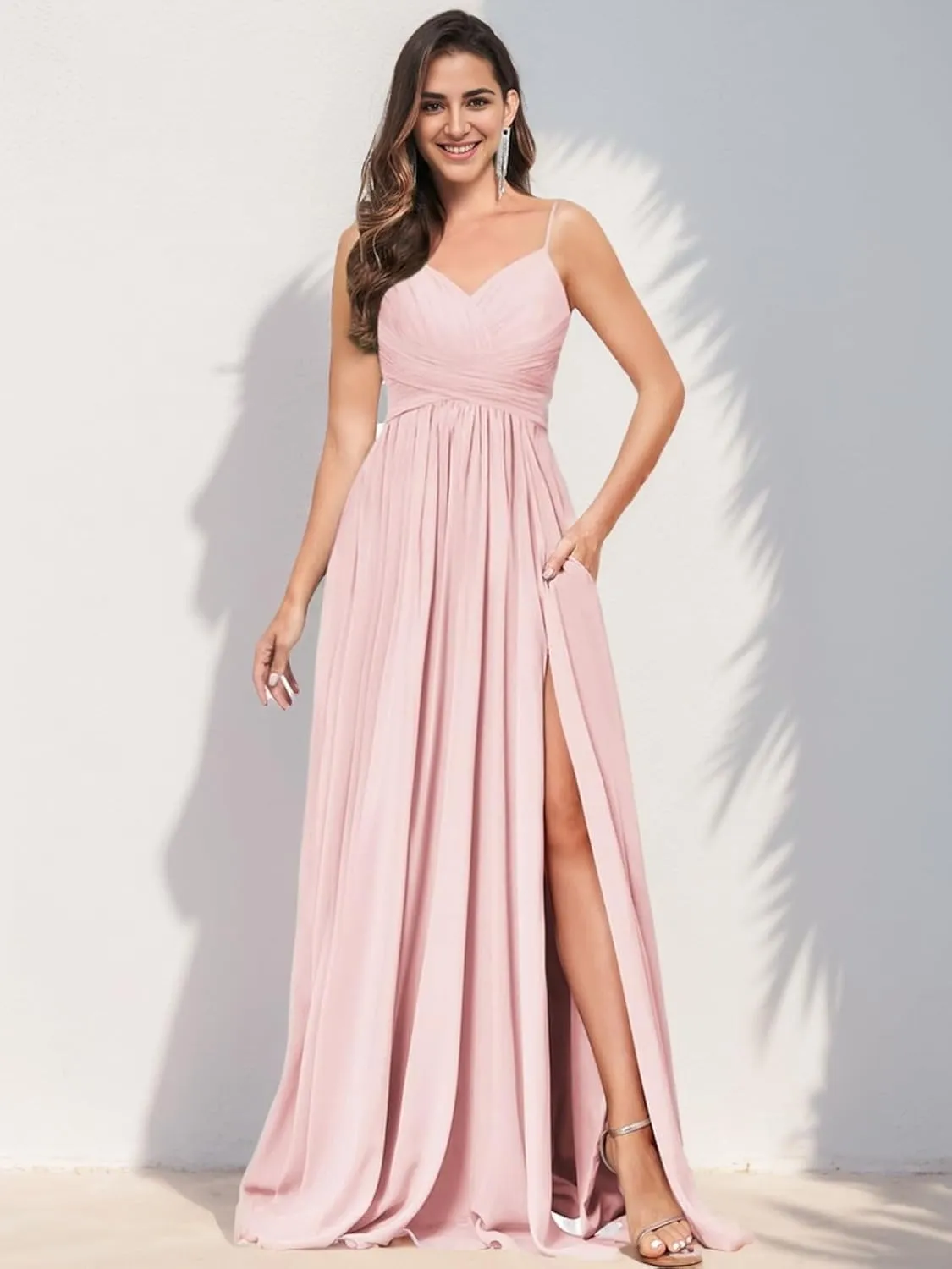 V Neck Bridesmaid Dresses for Women Long with Slit Chiffon Spaghetti Strap Pleated Formal Wedding Gown