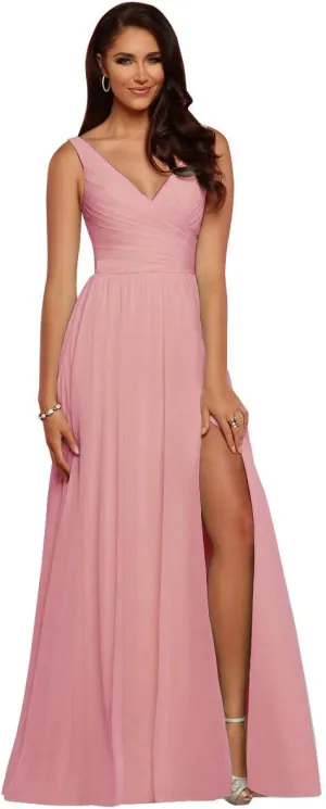 V Neck Bridesmaid Dresses Long Split Chiffon Pleated Wedding Evening Prom Gown for Women Blush Size 20
