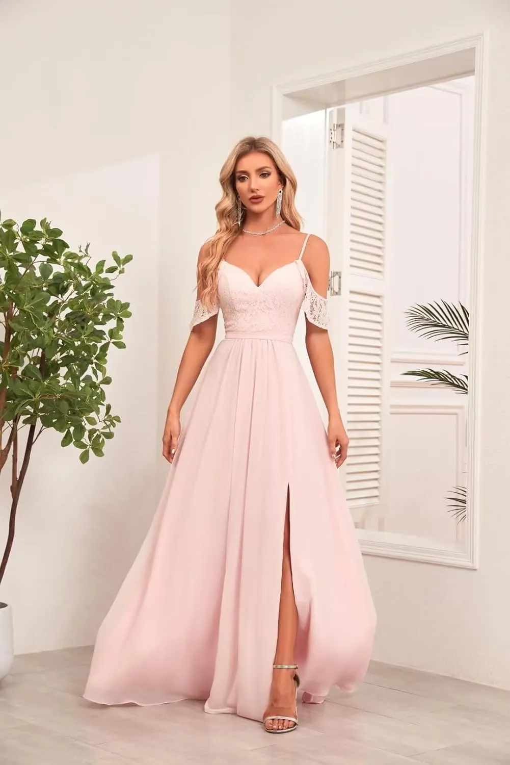 V Neck Bridesmaid Dresses with Pockets A-Line Long Chiffon Formal Party Dresses with Slit UU32