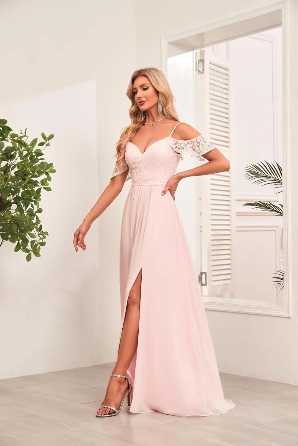 V Neck Bridesmaid Dresses with Pockets A-Line Long Chiffon Formal Party Dresses with Slit UU32