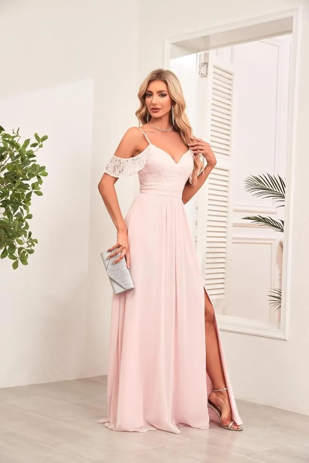 V Neck Bridesmaid Dresses with Pockets A-Line Long Chiffon Formal Party Dresses with Slit UU32