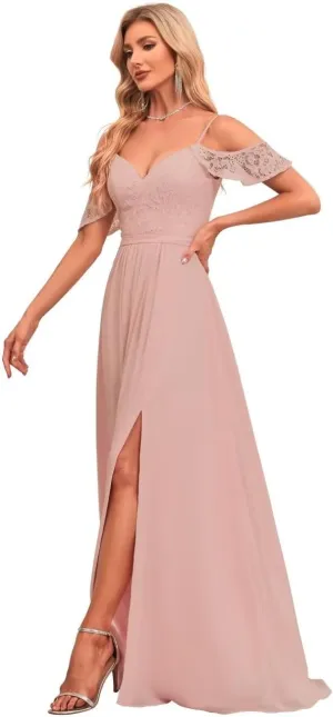 V Neck Bridesmaid Dresses with Pockets A-Line Long Chiffon Formal Party Dresses with Slit UU32