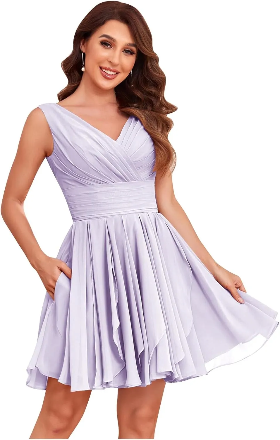 V Neck Short Bridesmaid Dresses for Wedding A Line Pleats Chiffon Formal Party Dress with Pockets