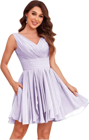 V Neck Short Bridesmaid Dresses for Wedding A Line Pleats Chiffon Formal Party Dress with Pockets