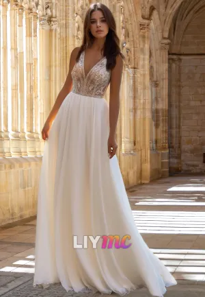 V-Neck Sleeveless Appliques Pleated A-Line Wedding Dress