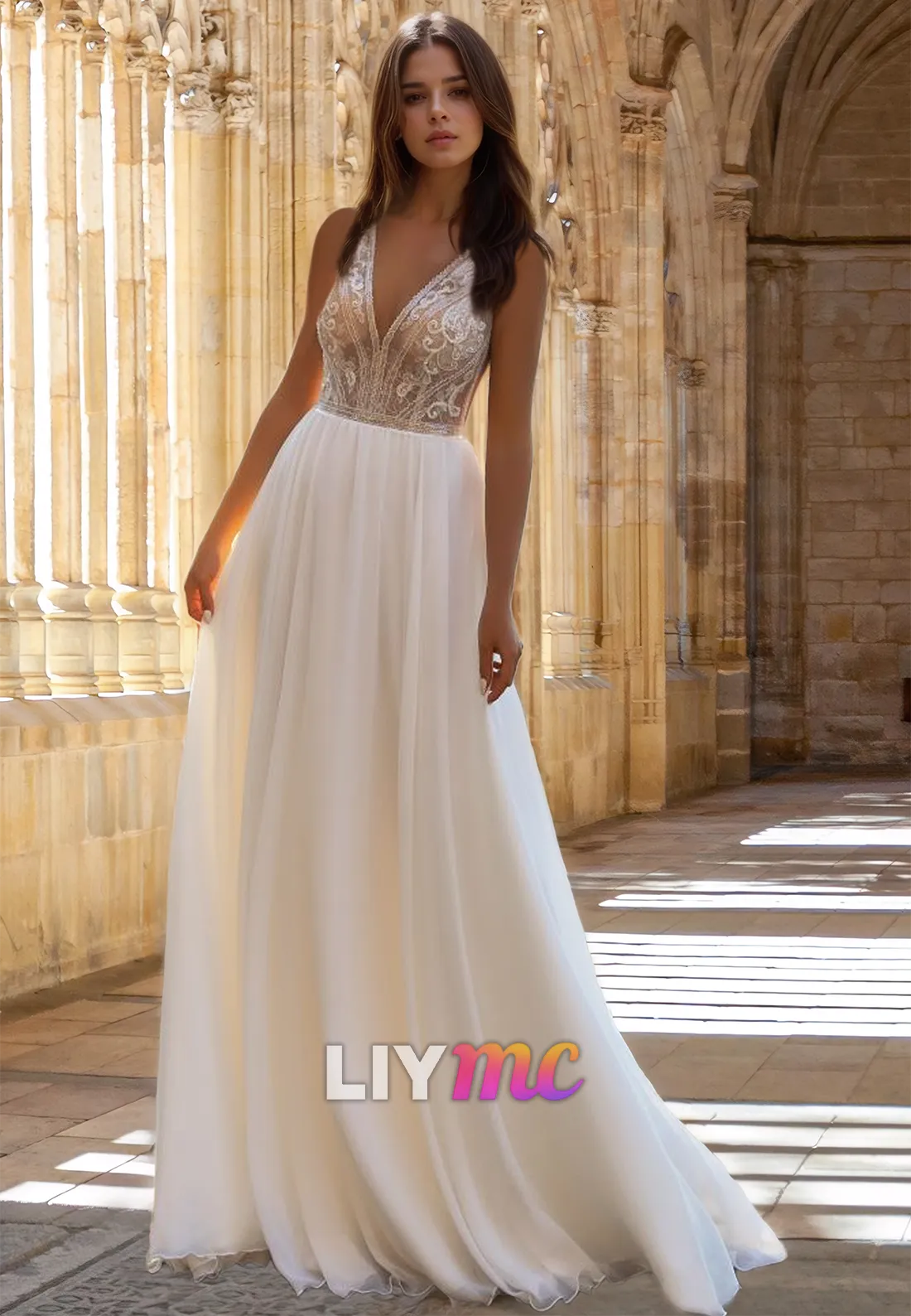 V-Neck Sleeveless Appliques Pleated A-Line Wedding Dress