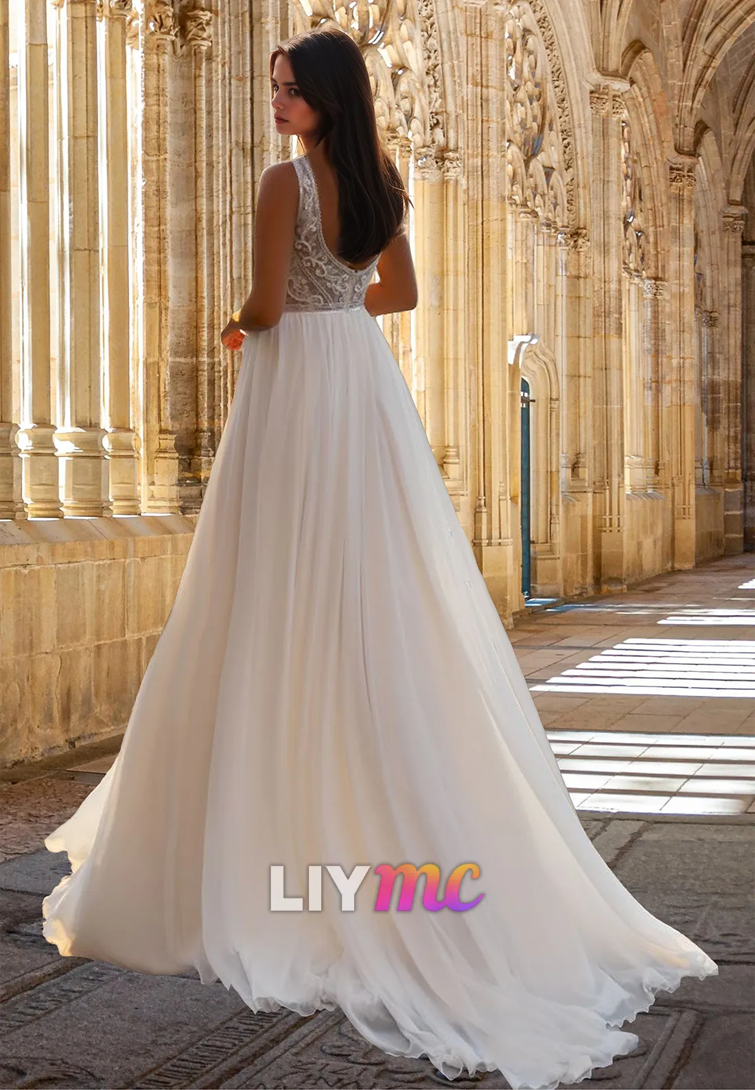 V-Neck Sleeveless Appliques Pleated A-Line Wedding Dress