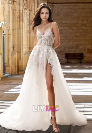 V-Neck Spaghetti Straps Floral Appliques A-Line Beach Wedding Dress