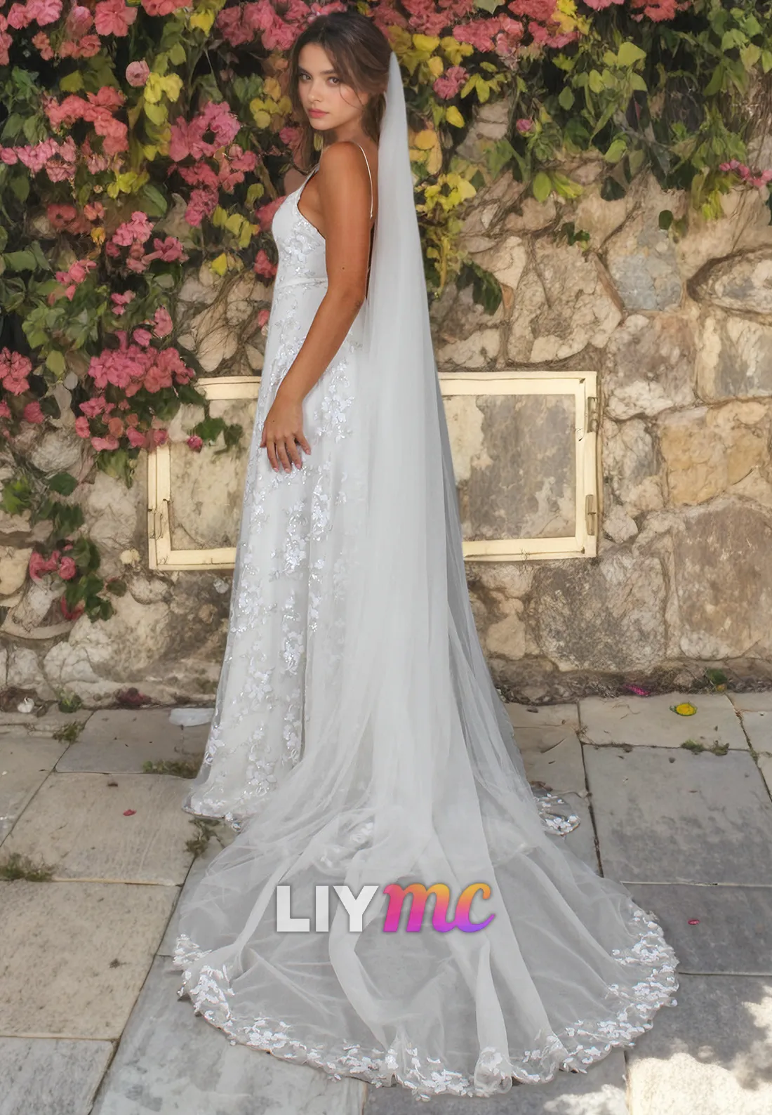 V-Neck Spaghetti Straps High Slit Appliques A-Line Beach Wedding Dress