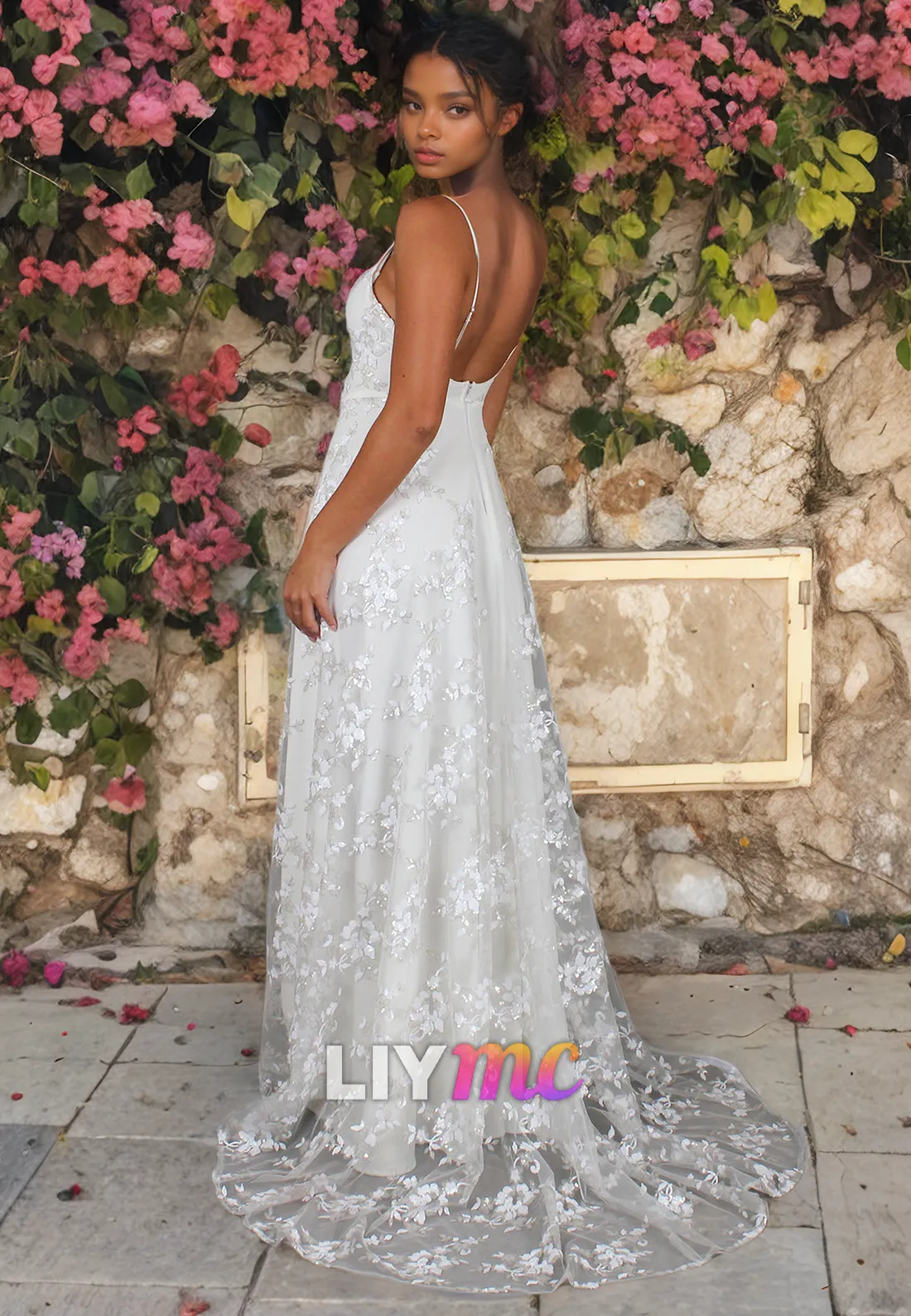 V-Neck Spaghetti Straps High Slit Appliques A-Line Beach Wedding Dress