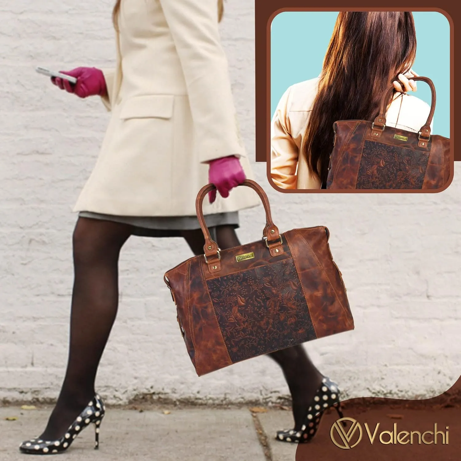 VALENCHI Genuine Leather Purse For Women - Real Leather Tote Bag For Women - Ladies Shoulder Bag For Work, Travel