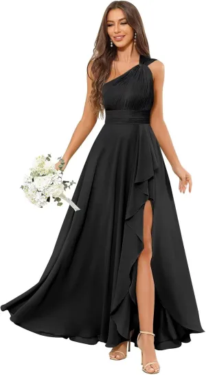 VCCICANY One Shoulder Bridesmaid Dresses for Women Chiffon A Line Pleated Ruffle Long Formal Evening Dresses with Slit