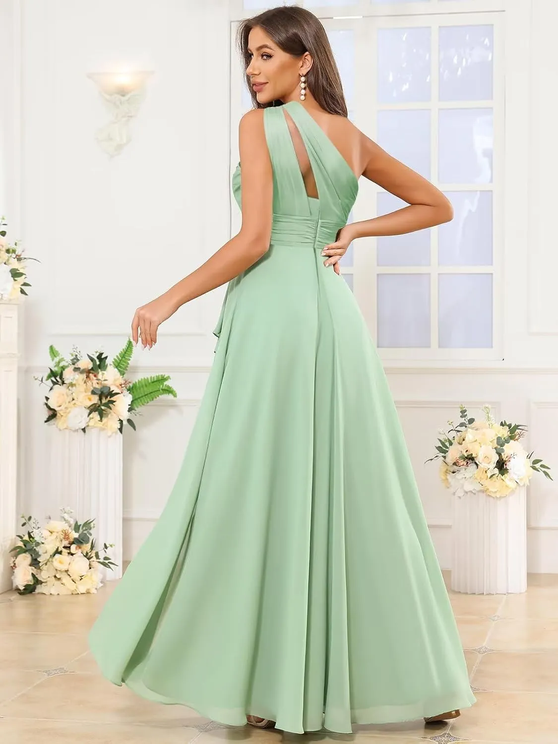 VCCICANY One Shoulder Bridesmaid Dresses for Women Chiffon A Line Pleated Ruffle Long Formal Evening Dresses with Slit