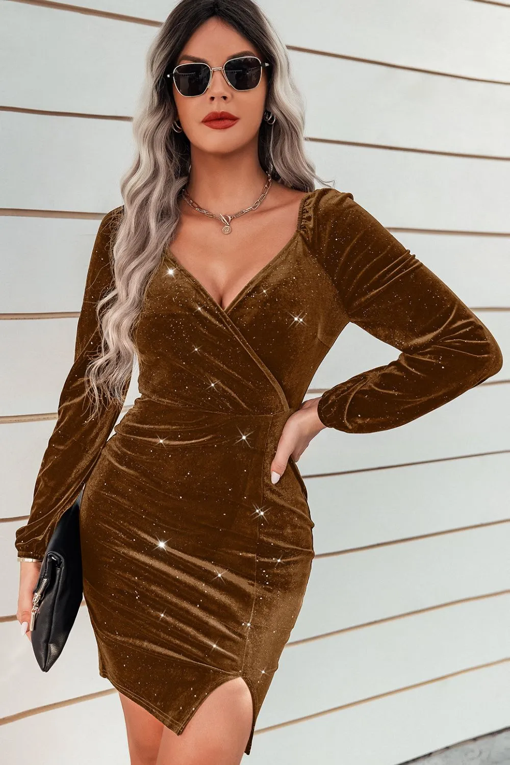 Velvet Glitter Slit Bodycon Dress