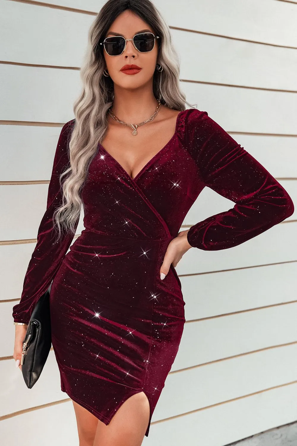 Velvet Glitter Slit Bodycon Dress