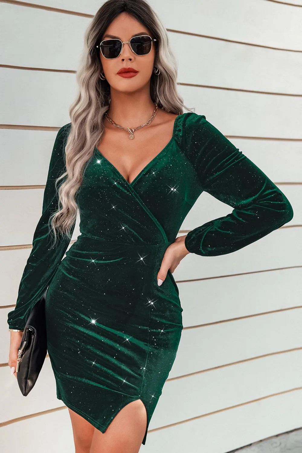 Velvet Glitter Slit Bodycon Dress