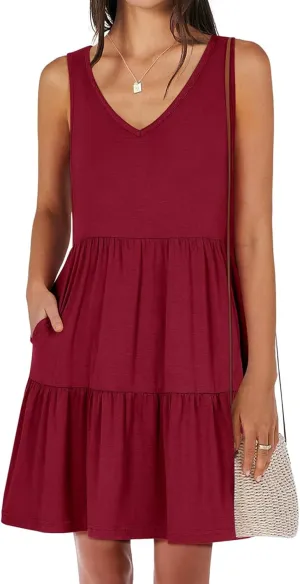 Vest Dress for Women Sleeveless V Neck Three-Layer Pleated Mini Dresses Summer Casual Beach Flared Sun Dress 2025