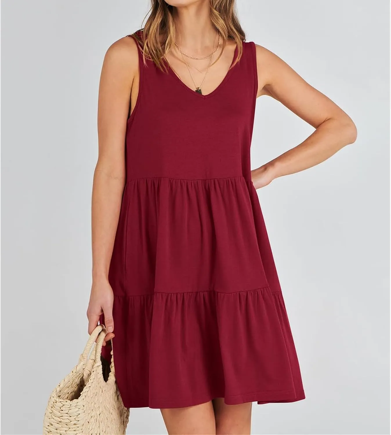 Vest Dress for Women Sleeveless V Neck Three-Layer Pleated Mini Dresses Summer Casual Beach Flared Sun Dress 2025