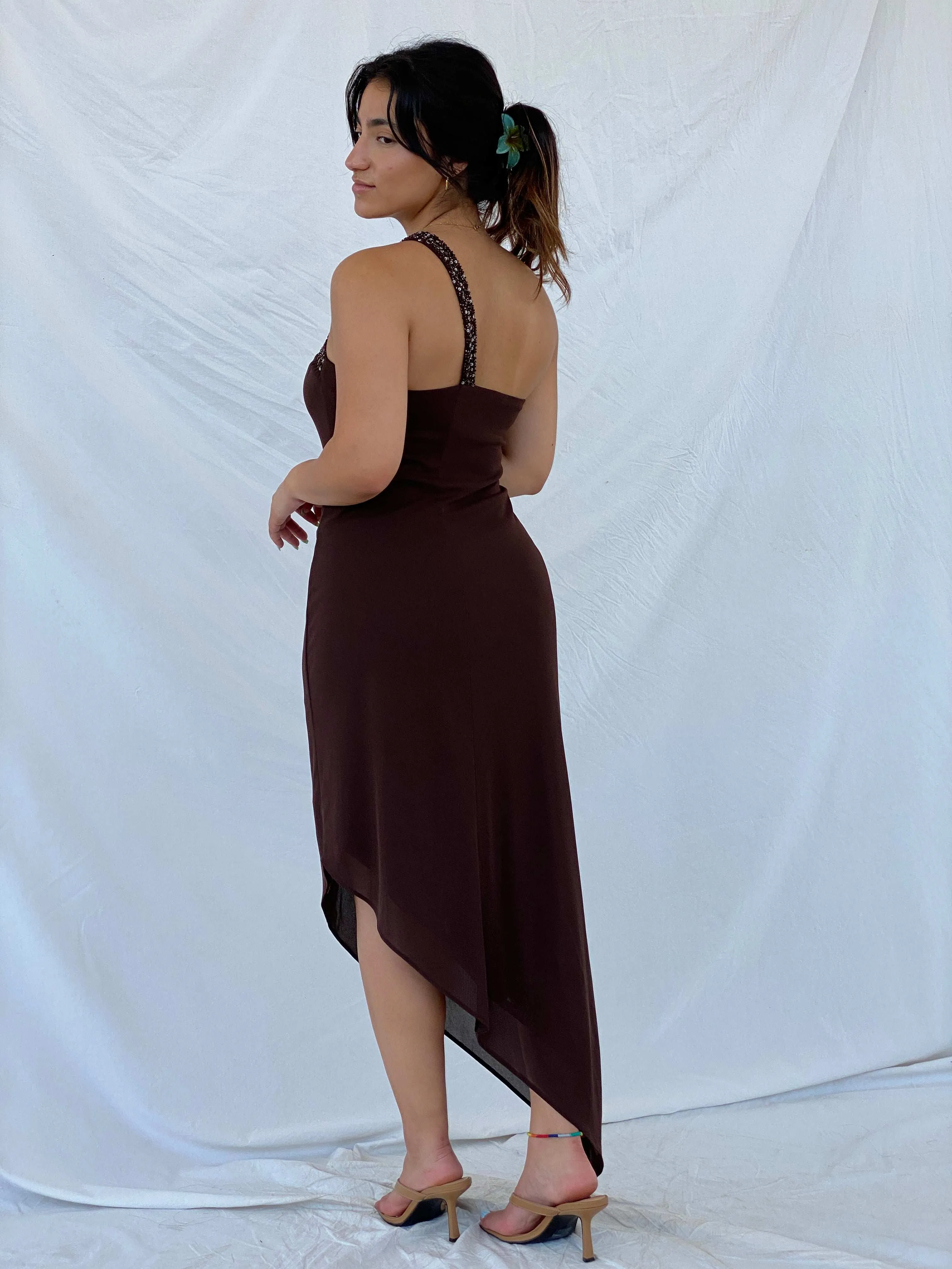 Vintage 1995 Caché One Shoulder Beaded Brown Asymmetric Dress - M
