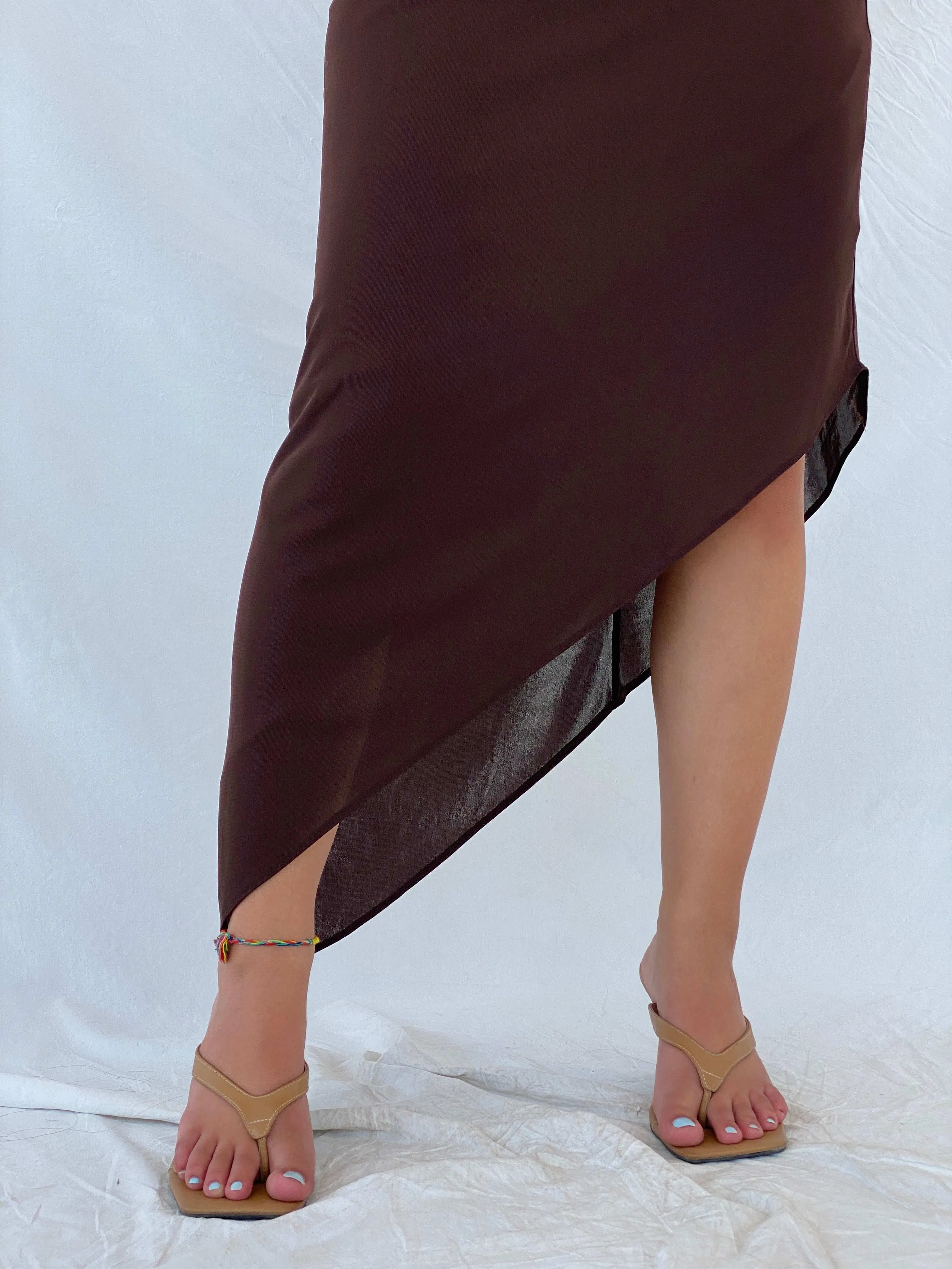 Vintage 1995 Caché One Shoulder Beaded Brown Asymmetric Dress - M