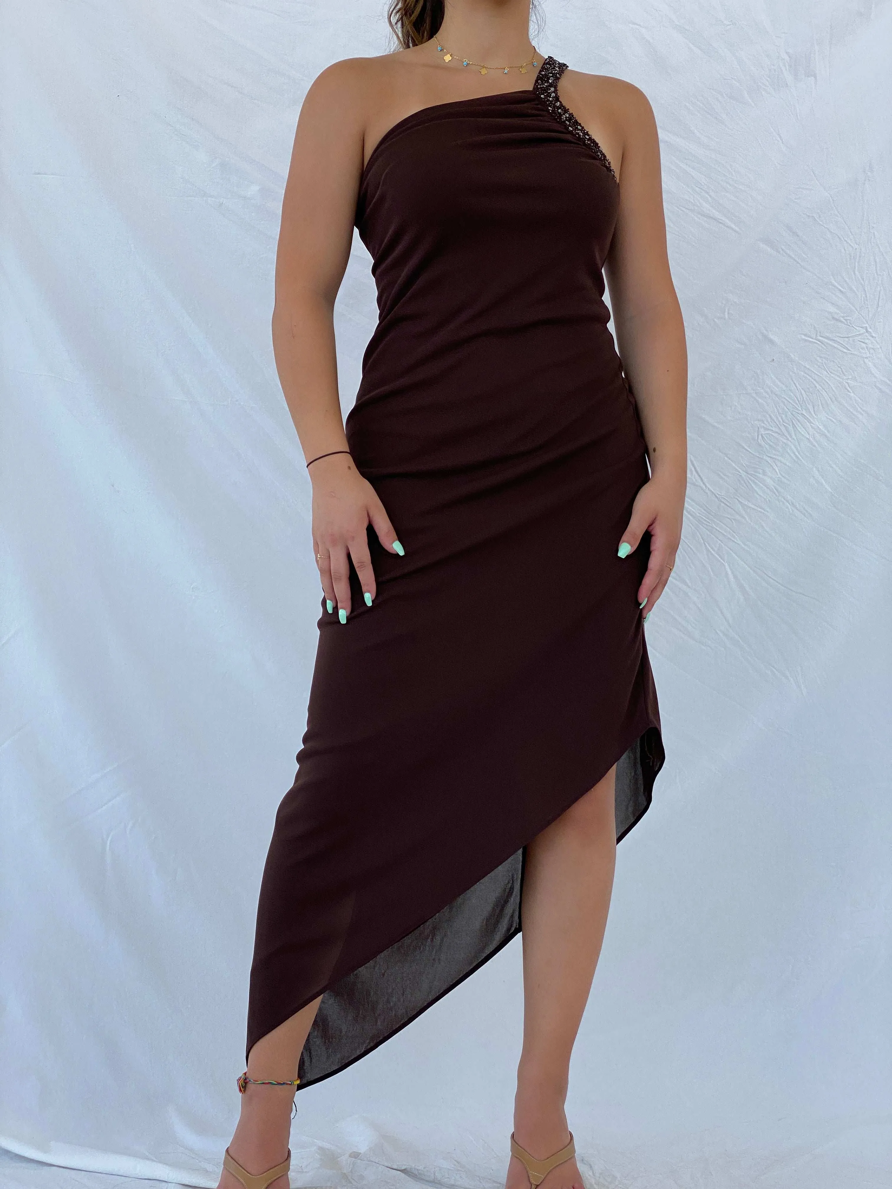 Vintage 1995 Caché One Shoulder Beaded Brown Asymmetric Dress - M