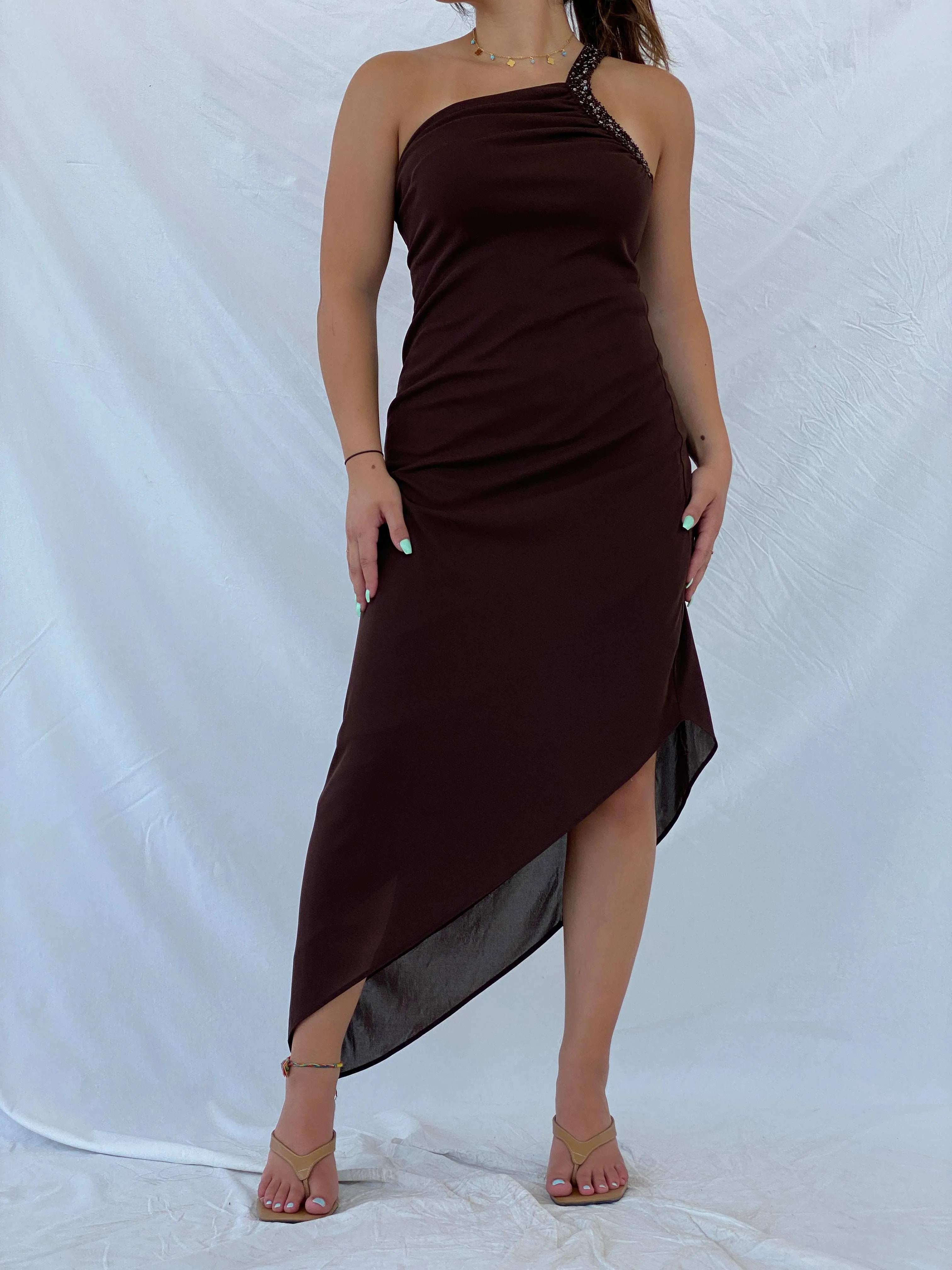 Vintage 1995 Caché One Shoulder Beaded Brown Asymmetric Dress - M
