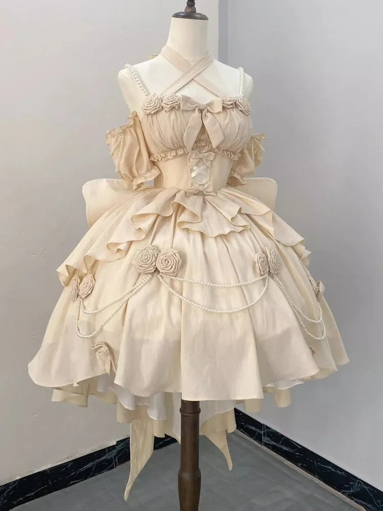 Wenkouban-Christmas Thanksgiving Gift New Year's Eve Dress party look inspos back to school dress  Gradient Bowknot Pearl Rosette Lolita Dress
