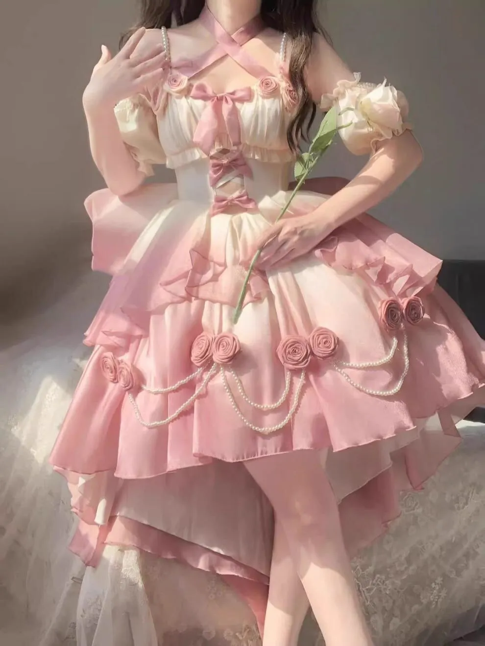 Wenkouban-Christmas Thanksgiving Gift New Year's Eve Dress party look inspos back to school dress  Gradient Bowknot Pearl Rosette Lolita Dress