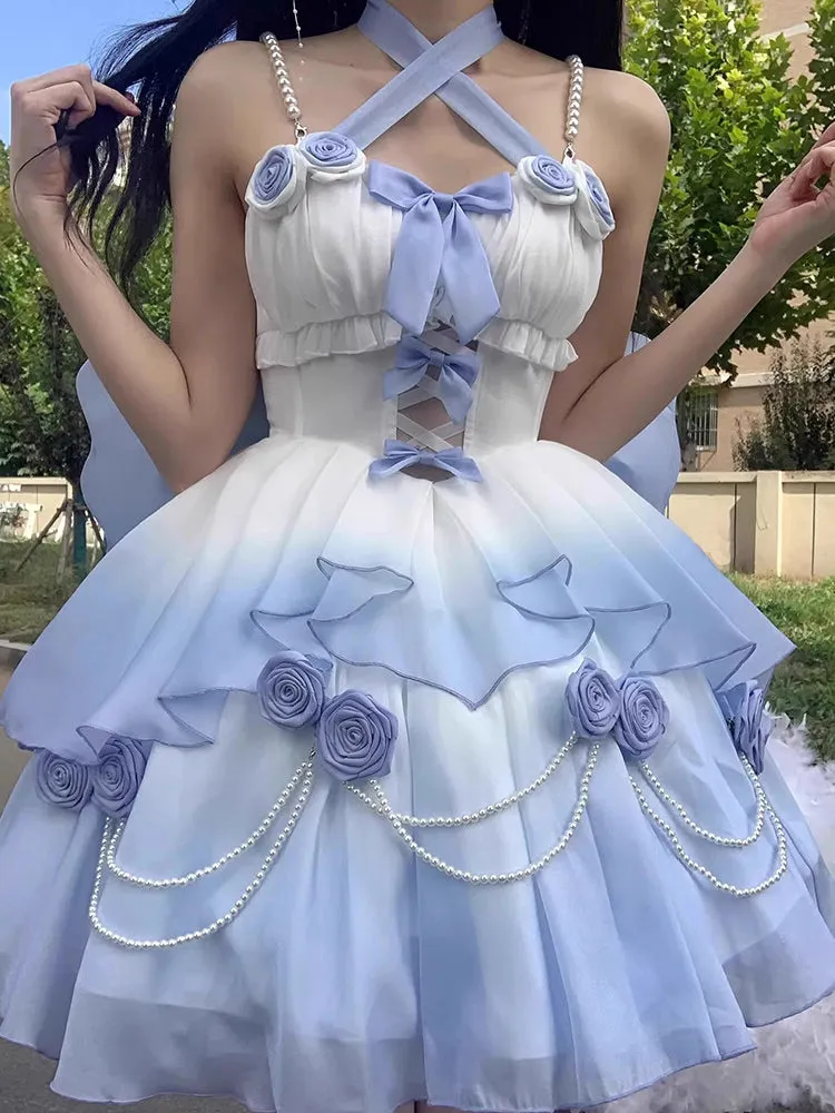 Wenkouban-Christmas Thanksgiving Gift New Year's Eve Dress party look inspos back to school dress  Gradient Bowknot Pearl Rosette Lolita Dress