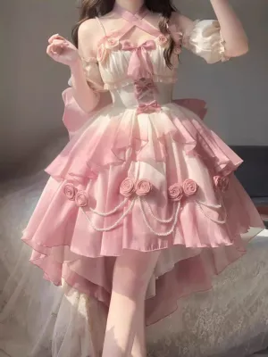 Wenkouban-Christmas Thanksgiving Gift New Year's Eve Dress party look inspos back to school dress  Gradient Bowknot Pearl Rosette Lolita Dress