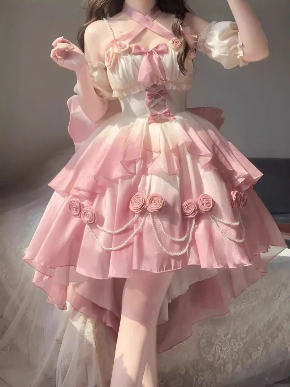 Wenkouban-Christmas Thanksgiving Gift New Year's Eve Dress party look inspos back to school dress  Gradient Bowknot Pearl Rosette Lolita Dress
