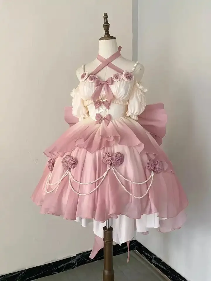 Wenkouban-Christmas Thanksgiving Gift New Year's Eve Dress party look inspos back to school dress  Gradient Bowknot Pearl Rosette Lolita Dress