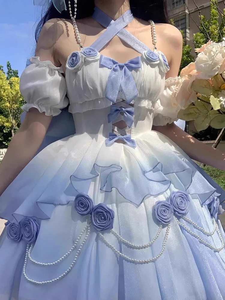Wenkouban-Christmas Thanksgiving Gift New Year's Eve Dress party look inspos back to school dress  Gradient Bowknot Pearl Rosette Lolita Dress