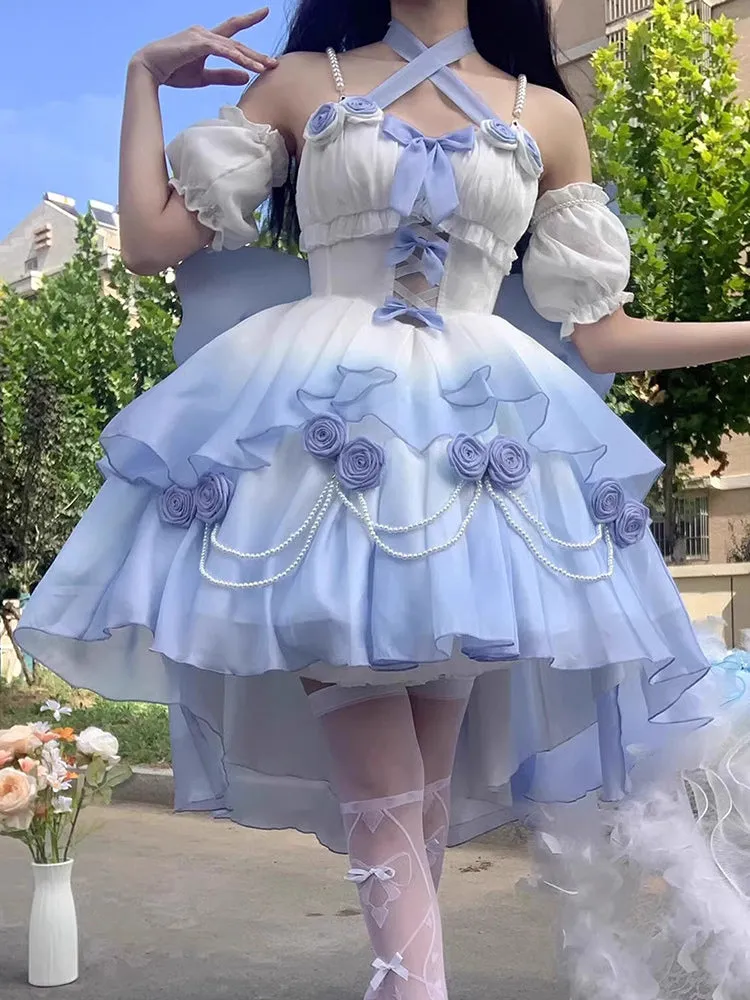 Wenkouban-Christmas Thanksgiving Gift New Year's Eve Dress party look inspos back to school dress  Gradient Bowknot Pearl Rosette Lolita Dress