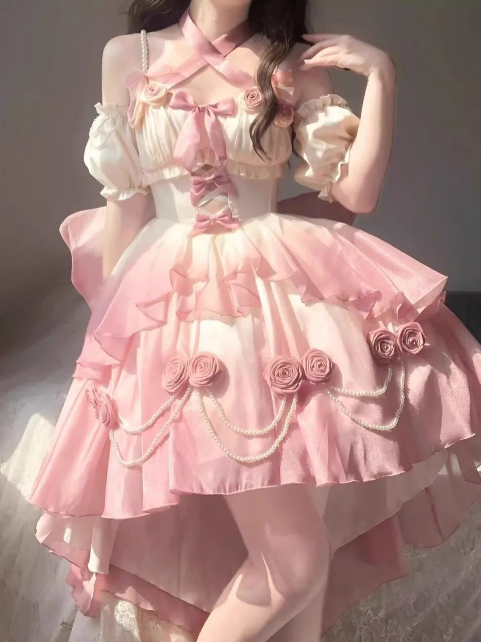 Wenkouban-Christmas Thanksgiving Gift New Year's Eve Dress party look inspos back to school dress  Gradient Bowknot Pearl Rosette Lolita Dress