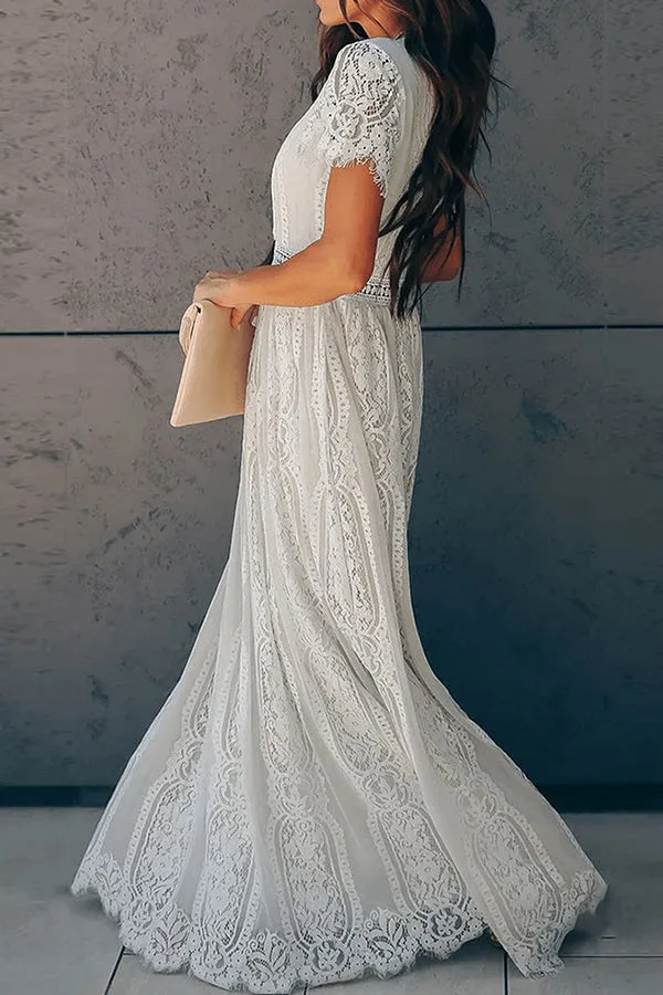 White Chic V-neck Lace Long Dress